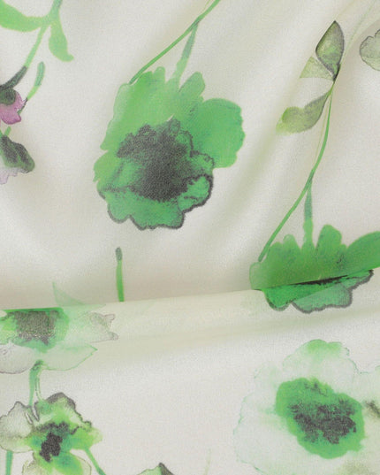 قماش شيفون من الحرير الخالص باللون البيج مع طباعة باللون الأخضر الباستيل واللافندر والأسود بتصميم الأزهار-D13030