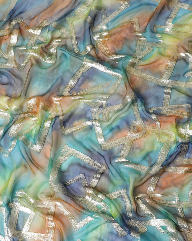 شيفون من الحرير الخالص متعدد الألوان مع لوريكس معدني ذهبي بتصميم تجريدي -D11372