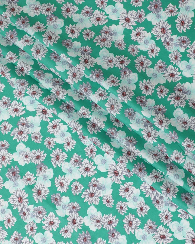 Dark Jade green cotton lawn fabric with off white, silver grey and turquoise blue print in floral design-D10847 Regal Fabrics