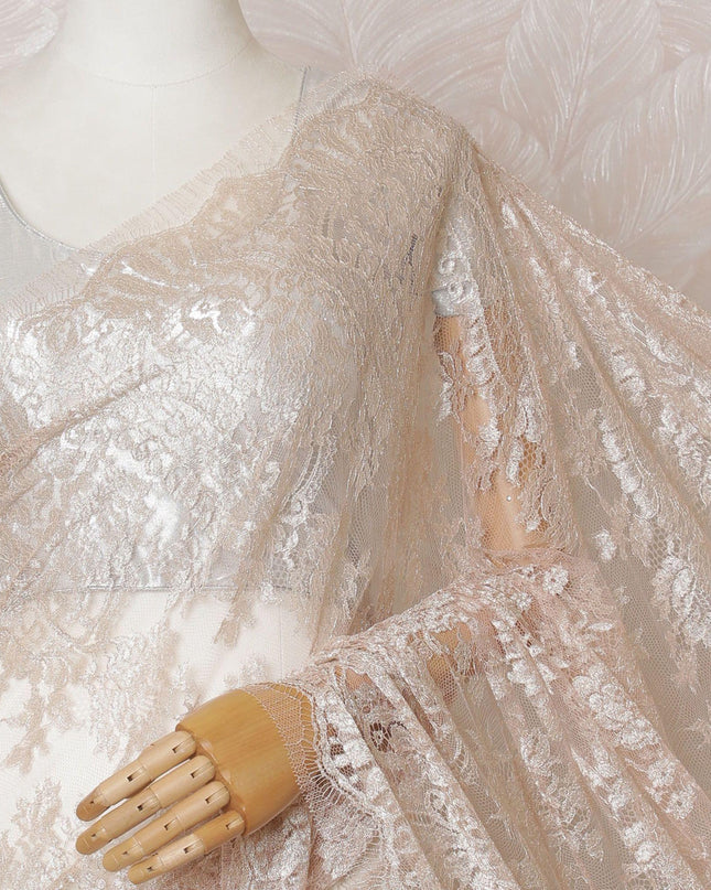 Light pink, silver Premium pure French metallic chantilly lace saree in floral design-D14552