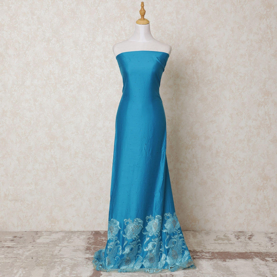Ocean blue blended cotton lawn fabric with same tone, baby blue embroidery having stone work in floral design-D14426