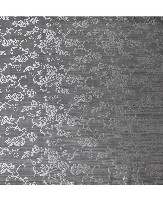 Black Premim pure silk chiffon fabric with silver jacquard in floral design-D15332