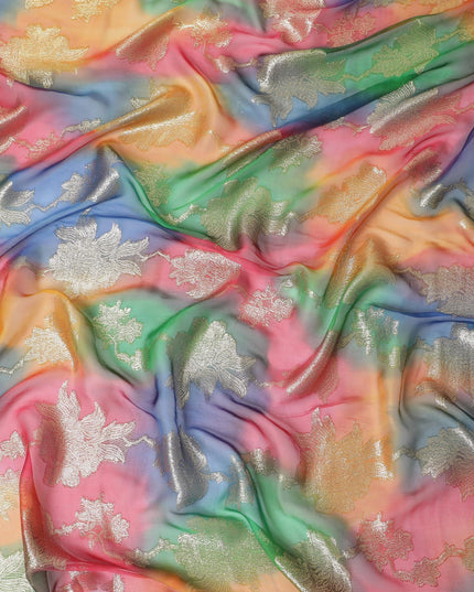 قماش شيفون حريري فرنسي (فرنساوي) فاخر متعدد الألوان مع لوركس معدني ذهبي بتصميم زهور-D14005