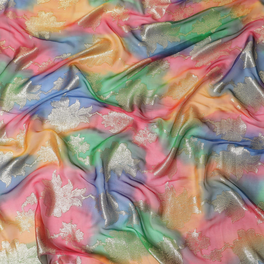 قماش شيفون حريري فرنسي (فرنساوي) فاخر متعدد الألوان مع لوركس معدني ذهبي بتصميم زهور-D14005