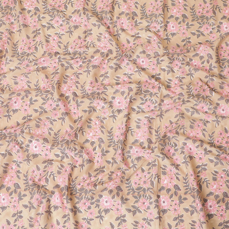 Pale brown organic cotton fabric with baby pink, grey and white print in floral design-D8853