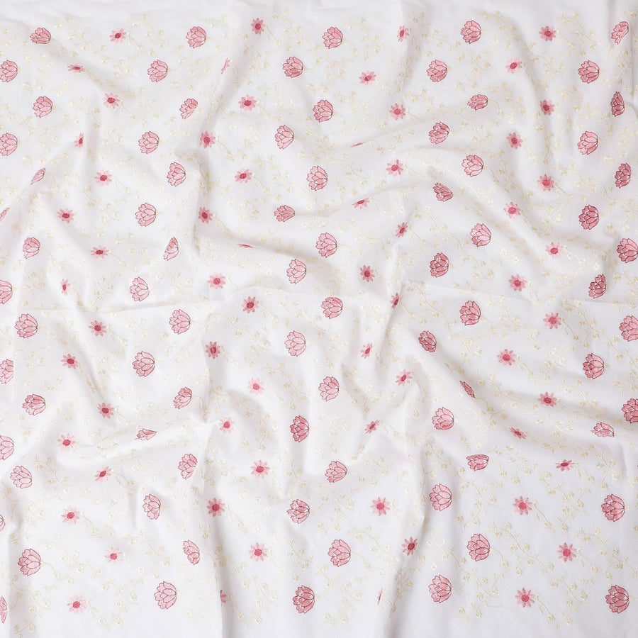 Off white cotton voile fabric with beige and baby pink embroidery in floral design-D11939