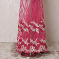 Hot pink nylon tulle fabric with same tone, beige embroidery having stone work in floral design-D14741