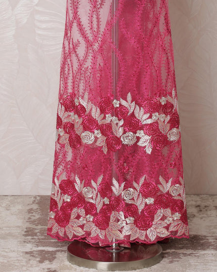 Hot pink nylon tulle fabric with same tone, beige embroidery having stone work in floral design-D14741