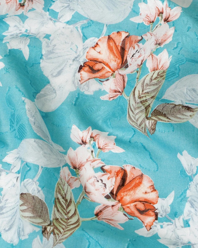 Sky blue uragiri cotton voile fabric with same tone jacquard having off white, peach and sage green print in floral design-D7339 Regal Fabrics