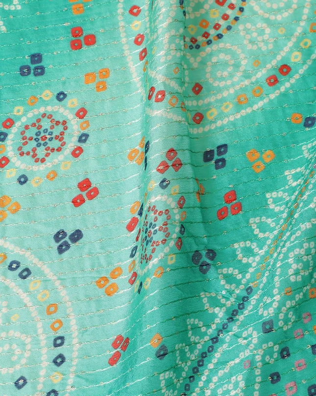 Pine green synthetic chiffon fabric with same tone embroidery stripe having multicolor print and sequins in geometric design-D9757 Regal Fabrics