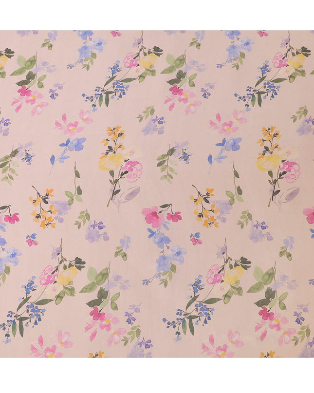 قماش شيفون من الحرير الخالص الفاخر باللون البيج اللاتيه مع طباعة متعددة الألوان بتصميم الأزهار-D14661