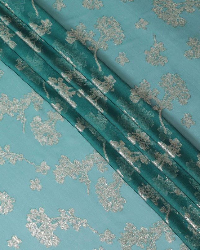 قماش غارباسار من الشيفون الحريري الخالص باللون الأزرق المخضر مع اللوريكس المعدني الذهبي بتصميم الأزهار-D12409