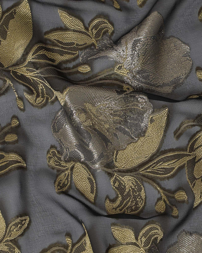 Black Premium pure French (Fransawi) silk chiffon fabric with gold viscose having metallic lurex in floral design-D15635