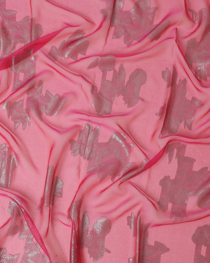 Fuchsia pink Premium pure French (Fransawi) silk chiffon garbasaar with gold metallic lurex in floral design-D11574 Regal Fabrics