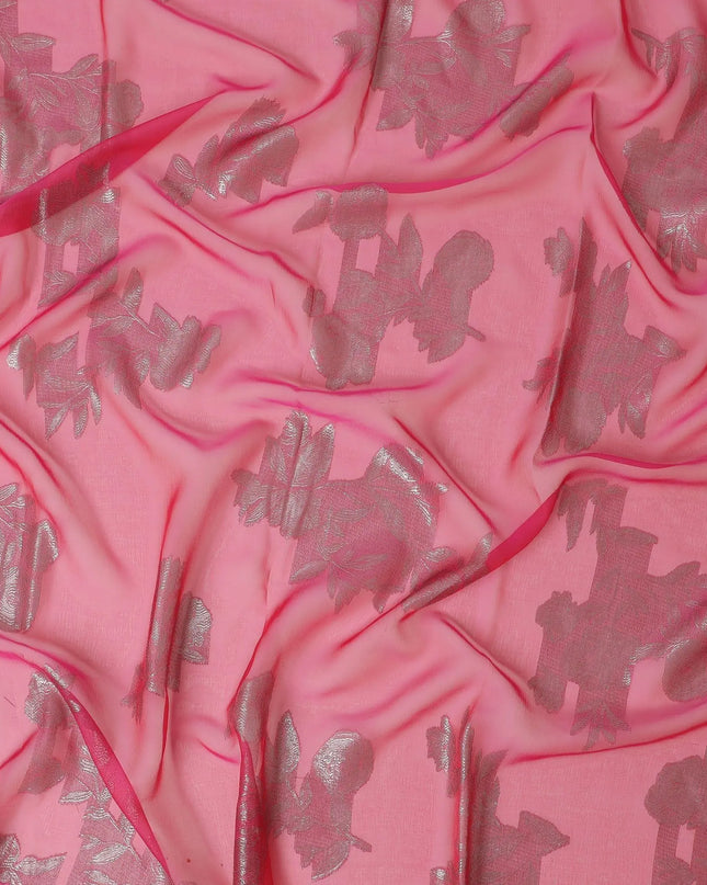 Fuchsia pink Premium pure French (Fransawi) silk chiffon garbasaar with gold metallic lurex in floral design-D11574 Regal Fabrics