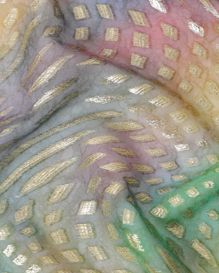 قماش شيفون حريري خالص مطبوع متعدد الألوان مع لوركس معدني ذهبي وفضي بتصميم تجريدي-D12431