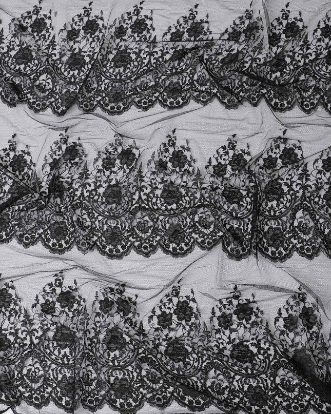 Black lace fabric with  same tone embroidery in floral design-D11749