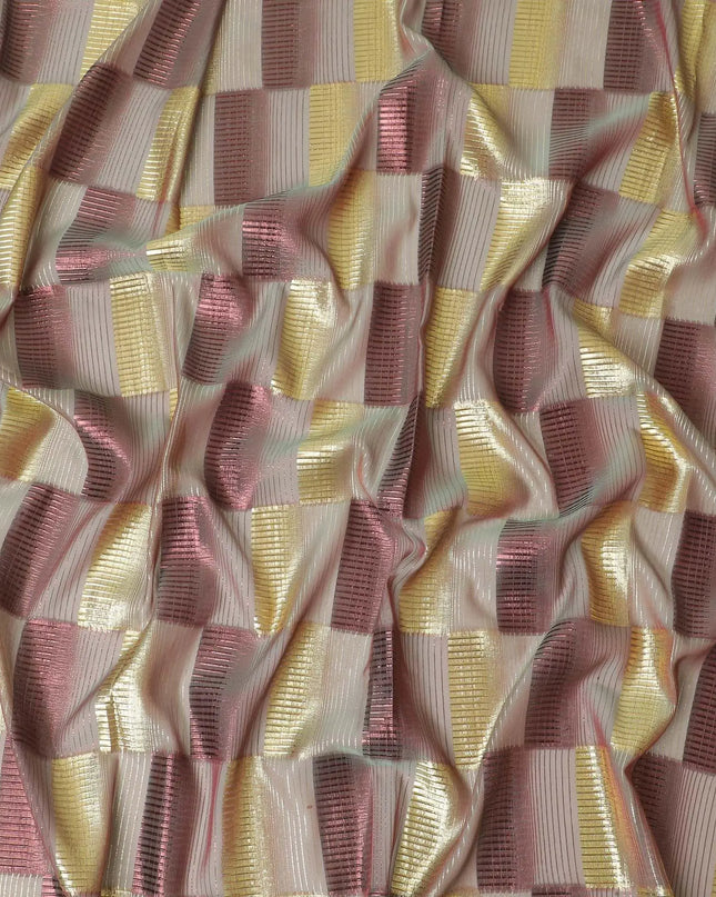 Multicolor premium pure silk chiffon garbasaar with gold and cerise pink metallic lurex in checks design-D11599 Regal Fabrics