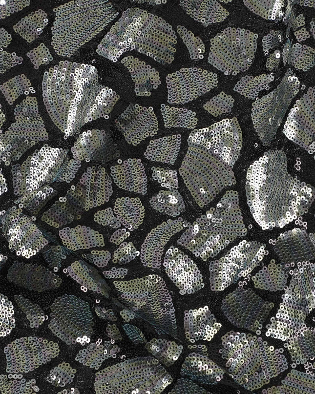 Black nylon tulle fabric with rainbow color sequins in abstract design