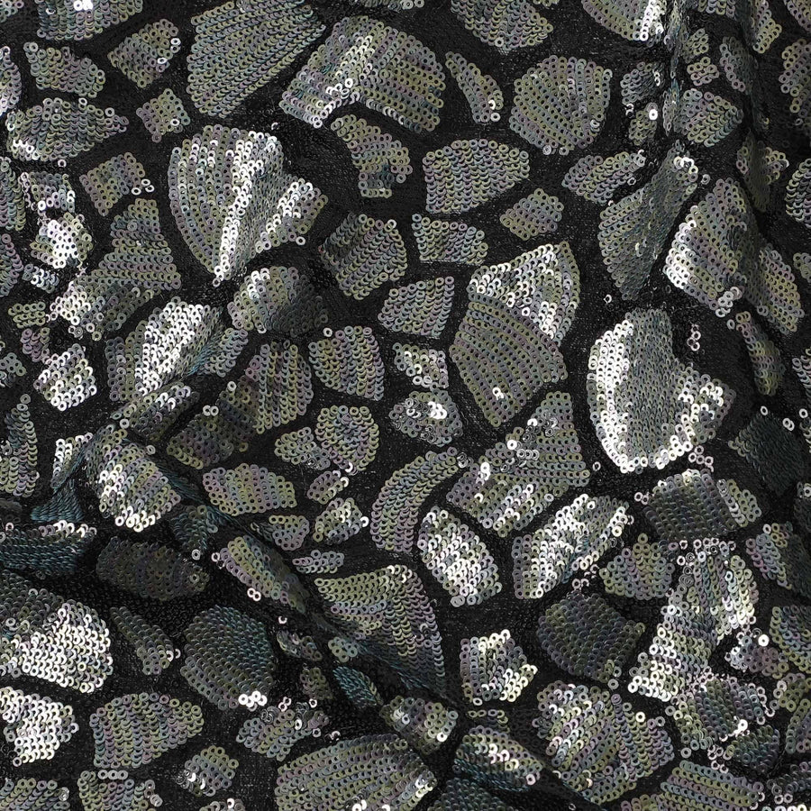 Black nylon tulle fabric with rainbow color sequins in abstract design