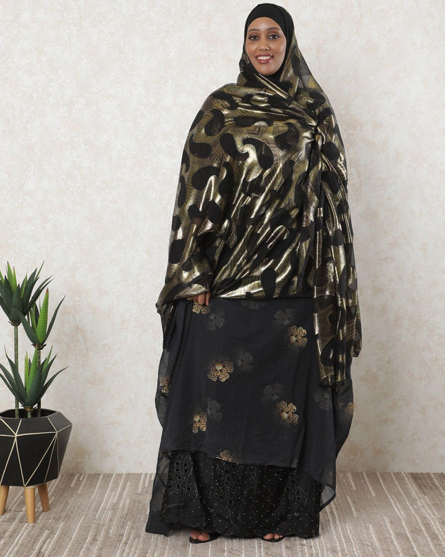 Black premium pure silk chiffon garbasaar with gold metallic lurex in abstract design-D11534