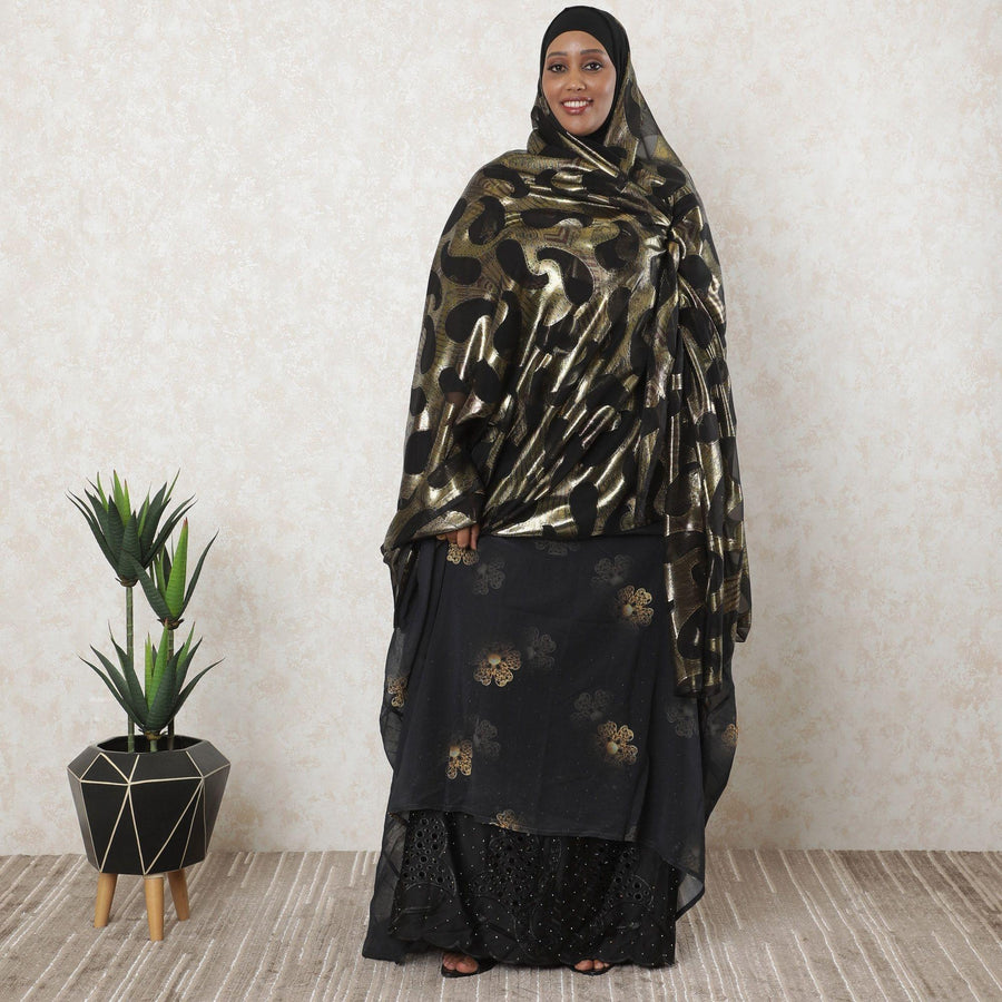 Black premium pure silk chiffon garbasaar with gold metallic lurex in abstract design-D11534