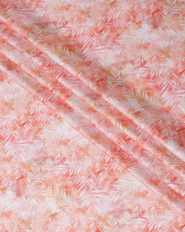 Salmon peach cotton satin fabric with off white print in Leaf design-D11913 Regal Fabrics