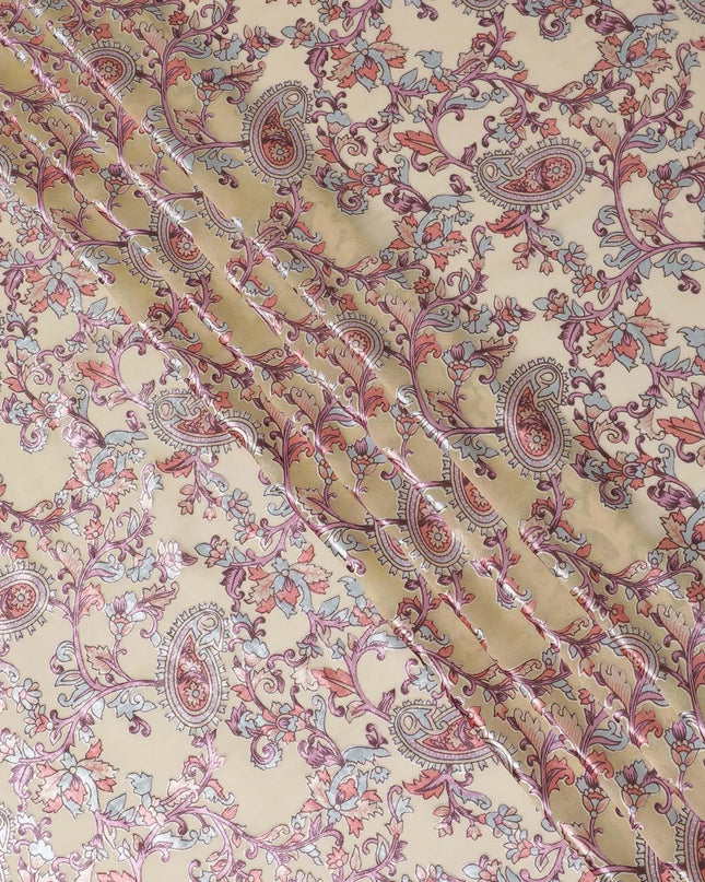 Gold synthetic chiffon fabric with multicolor velvet burnout print in paisley design-D14170 Regal Fabrics