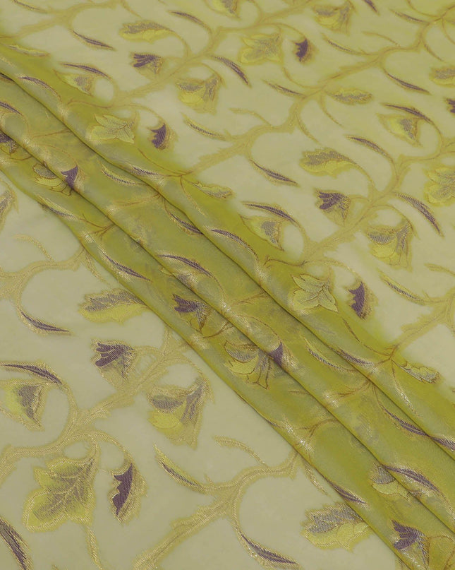 قماش شيفون من الحرير الخالص الفاخر باللون الأخضر الداكن بنفس اللون، والفسكوز الأرجواني مع اللوريكس المعدني الذهبي بتصميم الأزهار-D13189