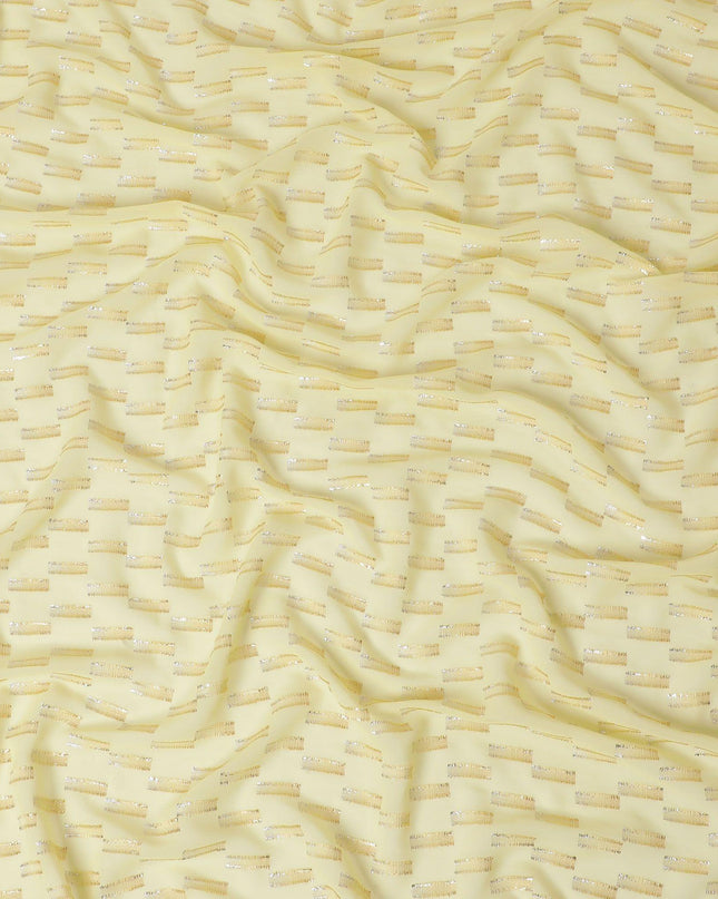 قماش شيفون حريري فرنسي (فرنساوي) أصفر ذهبي فاخر مع نفس اللون من الفيسكوز والوركس المعدني الذهبي والفضي بتصميم فاخر -D14221