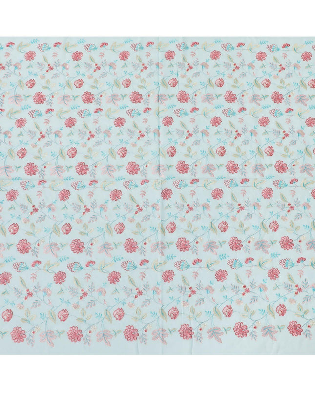 Baby blue premium pure cotton voile fabric with same tone, baby pink and beige embroidery in floral design-D13641
