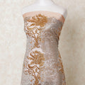 Copper brown nylon tulle fabric with same tone, gold embroidery having stone work in fancy design-D12200