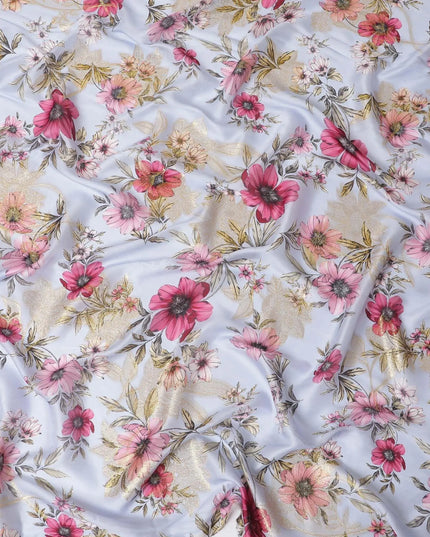 Light sky blue premium pure silk chiffon fabric with olive green and pink print having gold metallic lurex in floral design-D10581 Regal Fabrics