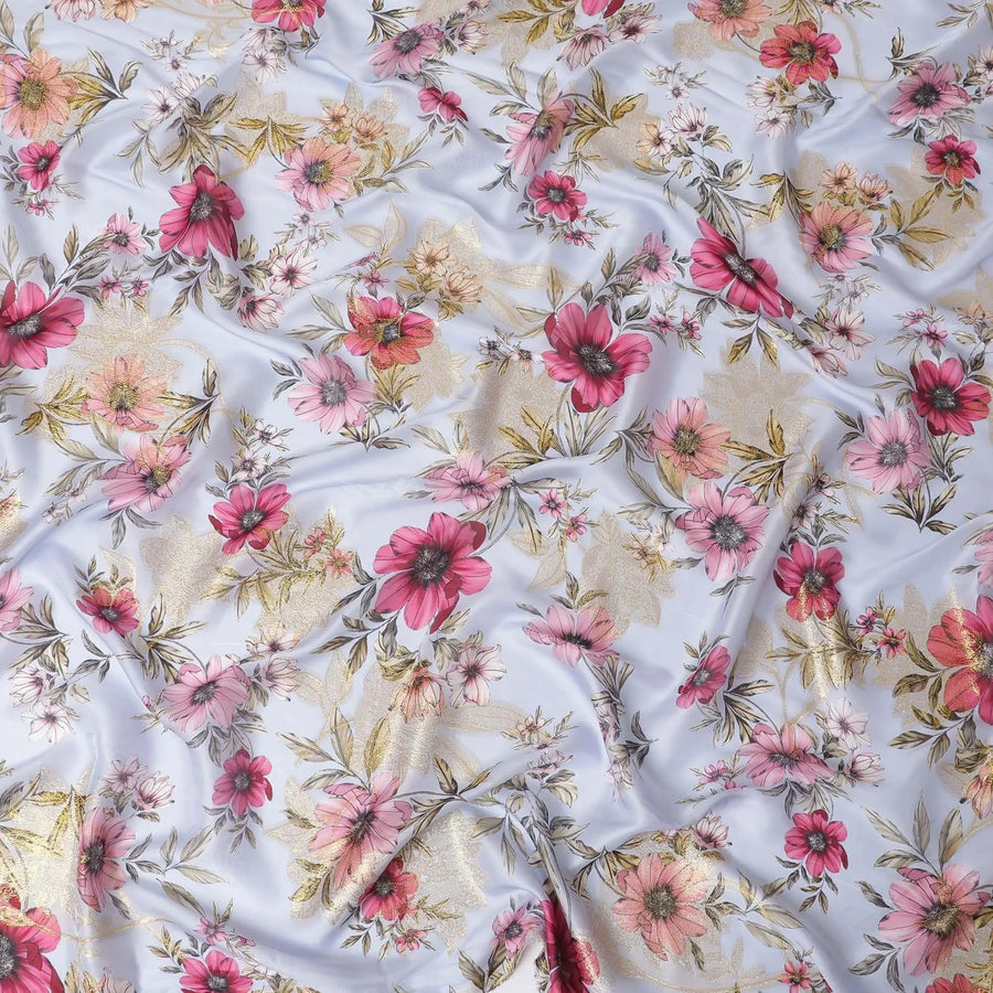 Light sky blue premium pure silk chiffon fabric with olive green and pink print having gold metallic lurex in floral design-D10581 Regal Fabrics