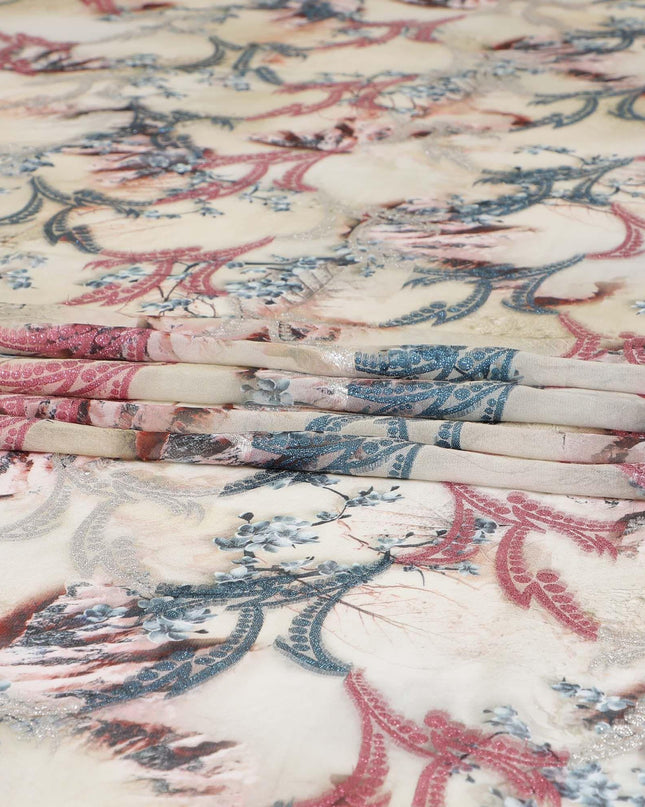 قماش شيفون صناعي بيج لاتيه مع طباعة متعددة الألوان مع لوريكس معدني وردي وفضي وأزرق بتصميم تجريدي -D9674