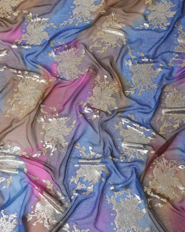 قماش شيفون حريري نقي فاخر متعدد الألوان مطبوع يدويًا مع لوركس معدني ذهبي بتصميم فاخر-D10411