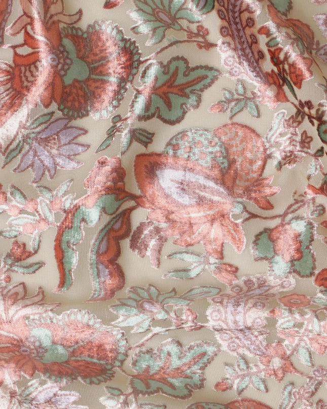 Beige synthetic chiffon fabric with multicolor velvet burnout print in floral design-D14161