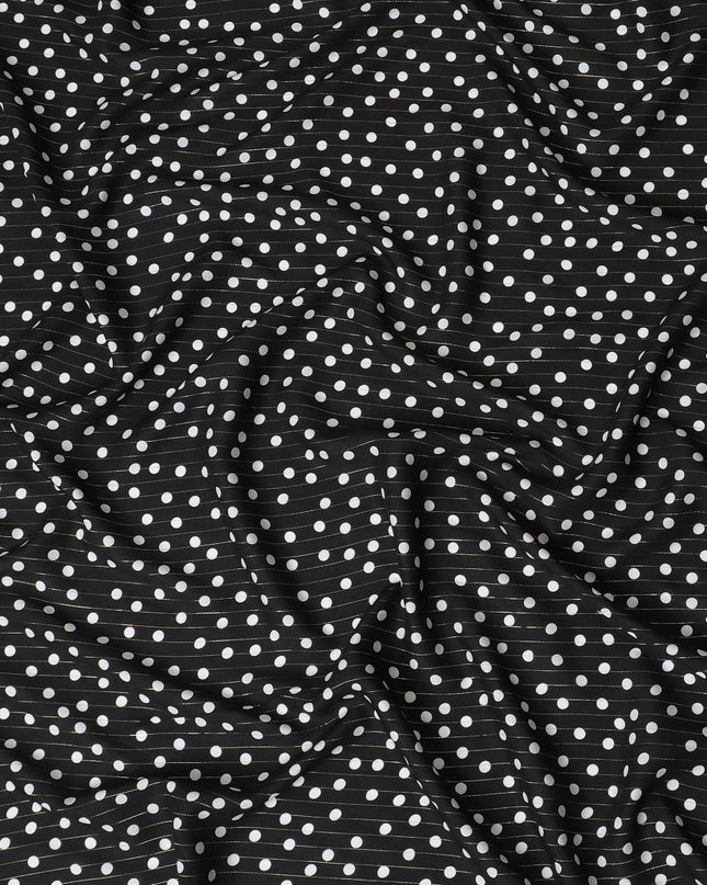 Black viscose crepe printed fabric with white prints and golden lurex in polka dot design-D11155