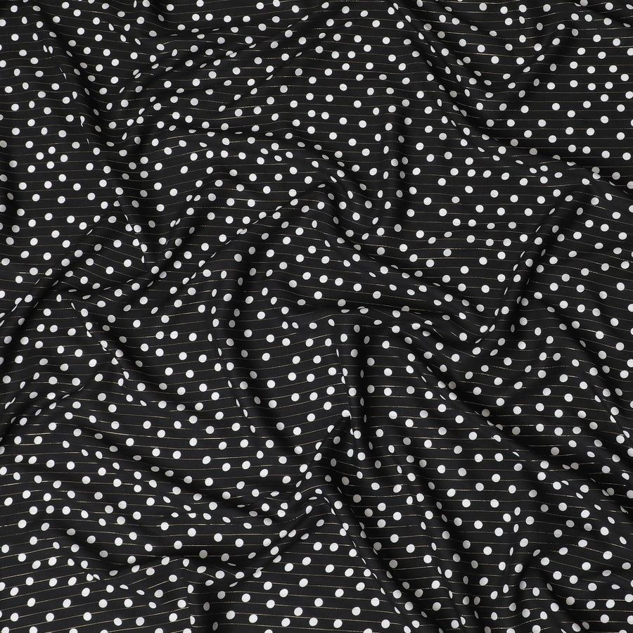 قماش كريب فيسكوز أسود مطبوع مع طبعات بيضاء ولوريكس ذهبي بتصميم منقط -D11155