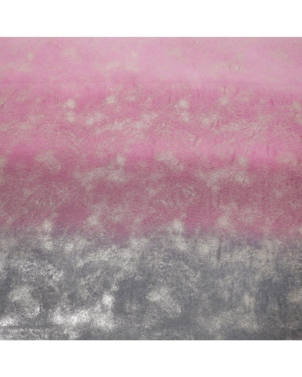 Baby pink to black synthetic chiffon fabric having gold metallic foil in ombre design-D10658