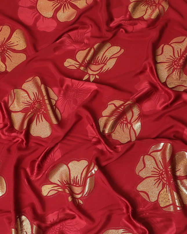 Barn red premium pure silk crepe fabric with gold metallic lurex in floral design-D13709
