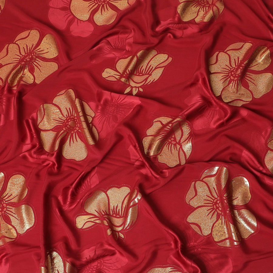 Barn red premium pure silk crepe fabric with gold metallic lurex in floral design-D13709