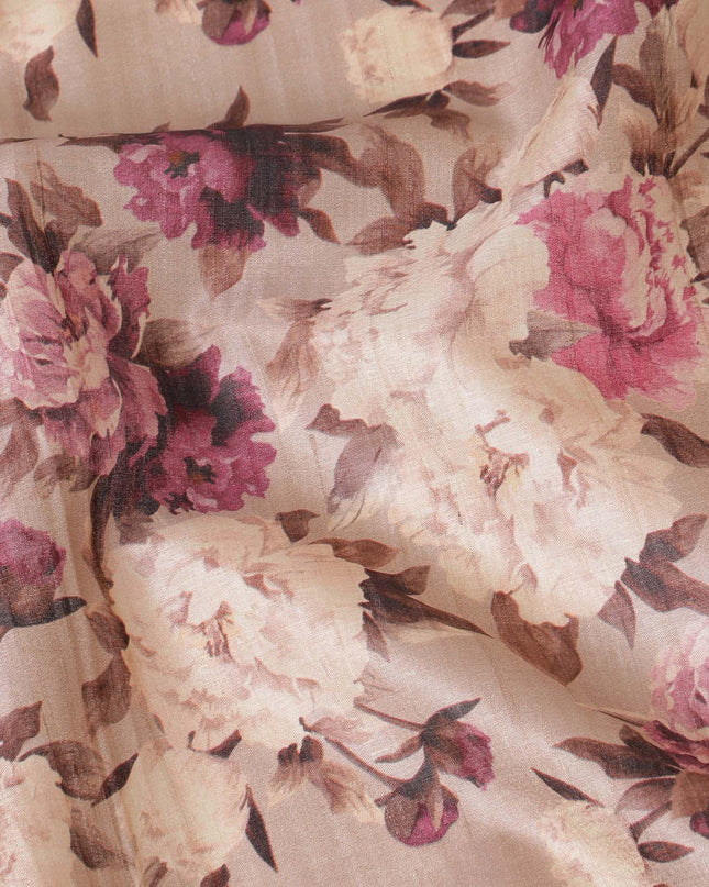 نسيج حرير توسار بني من خشب بورليوود مع طباعة باللون الوردي الساخن والأسود والبيج والبني الموكا بتصميم الأزهار-D6142