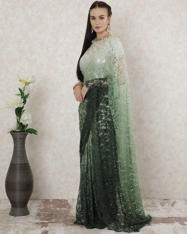 Forest green to mint green Premium pure French chantilly lace saree having stone work in ombre design-D14517 Regal Fabrics