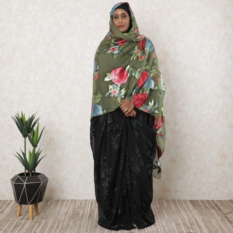 Olive green Premium pure silk chiffon garbasaar with multicolor metallic lurex in floral design-D11592