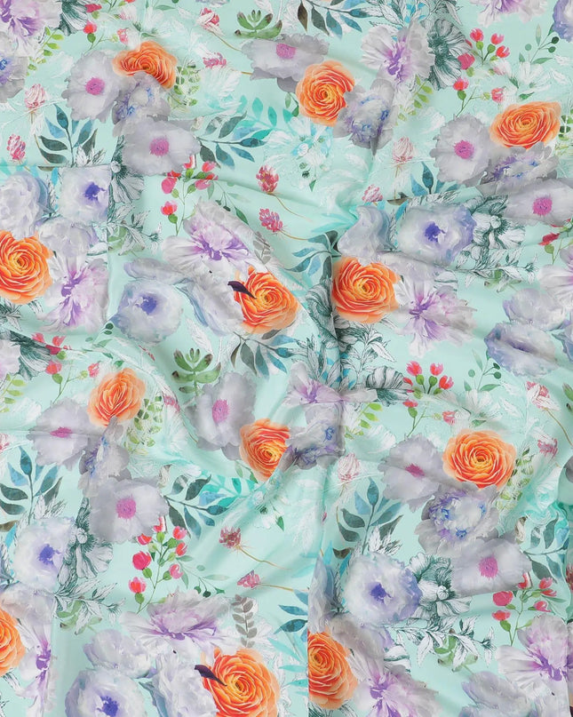 Vista green synthetic crepe fabric with multicolor print in floral design-D10013 Regal Fabrics