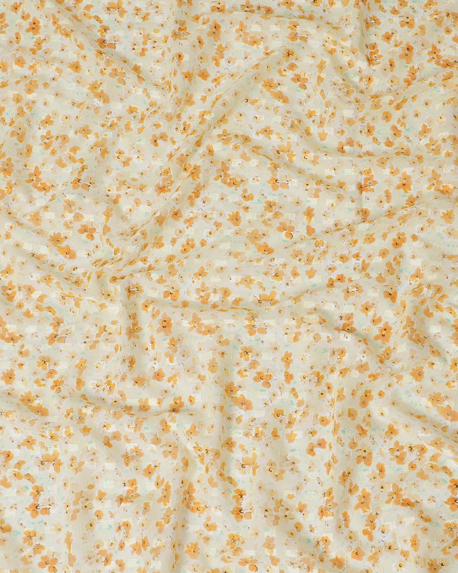 Blonde yellow uragiri cotton voile fabric with same tone jacquard having peach and turquoise green print in clip cord design-D14210