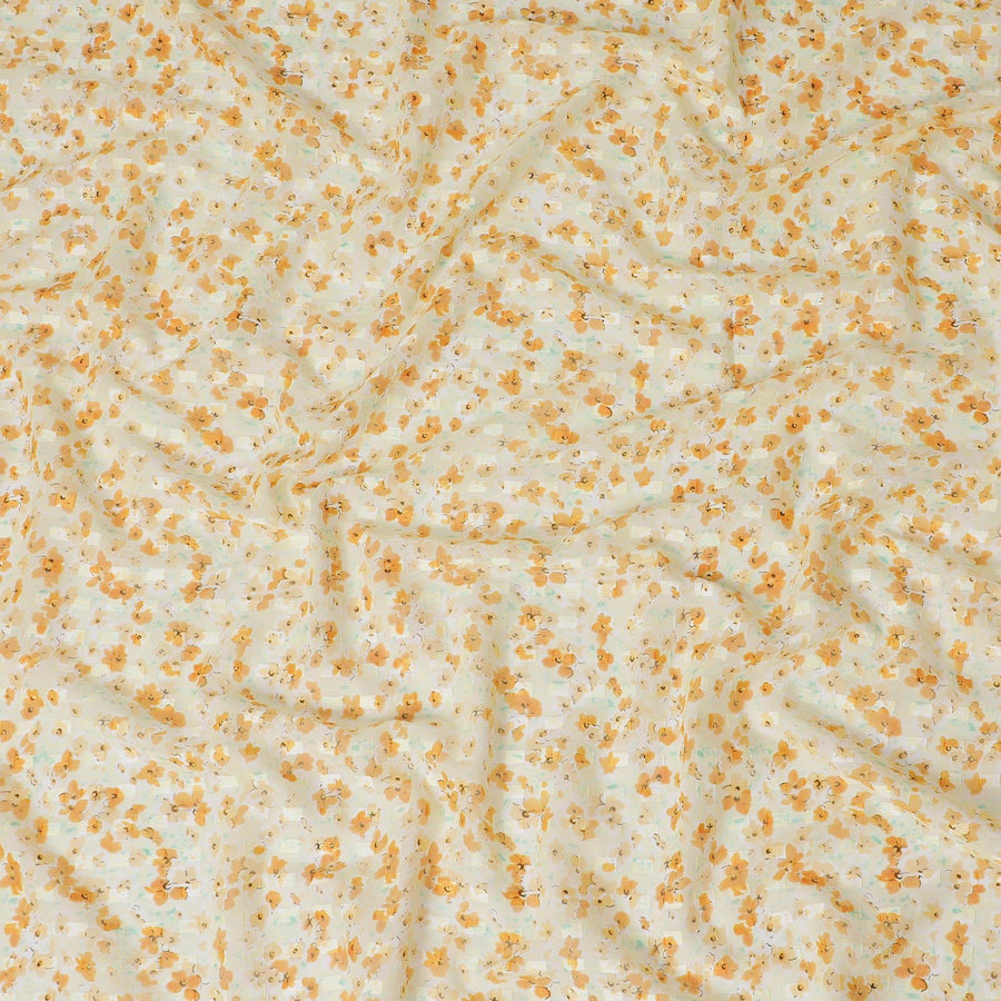 Blonde yellow uragiri cotton voile fabric with same tone jacquard having peach and turquoise green print in clip cord design-D14210