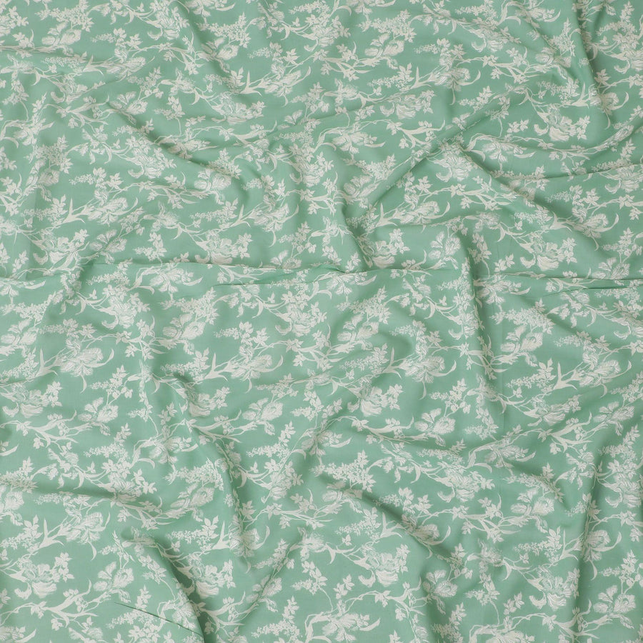 Mint green cotton voile fabric with beige and off white print in floral design-D14839