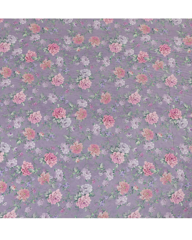 قماش كريب فيسكوز لافندر مع طباعة باللون الأخضر الداكن والوردي الفاتح والأرجواني الفاتح بتصميم الأزهار-D15651